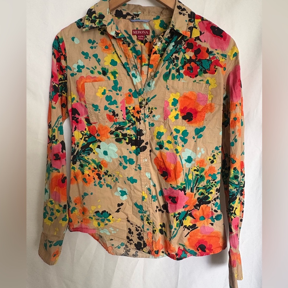 Merona Size XS Multicolor Floral  Cotton Button Down Shirt, Women Tops, Casual